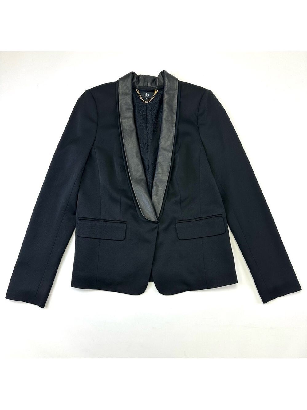 Tibi black tuxedo jacket Womens Size 8 leather lapels Formal New Years - Picture 3 of 12